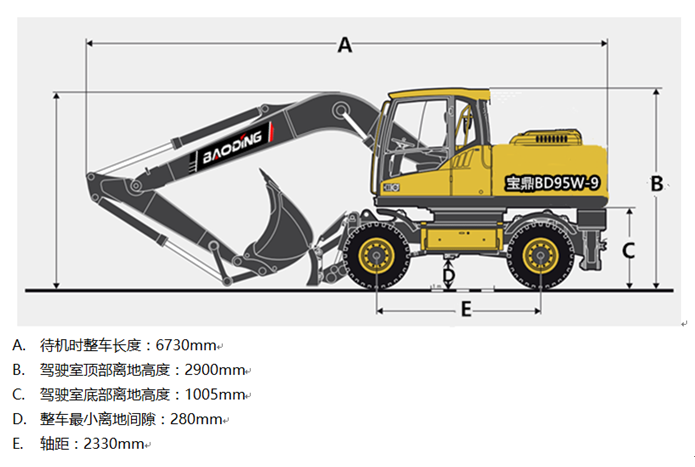 寶鼎95W-9輪式挖掘機(jī)車身參數(shù)