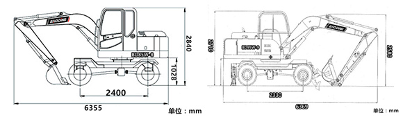 寶鼎輪式挖掘機(jī)尺寸對(duì)比圖